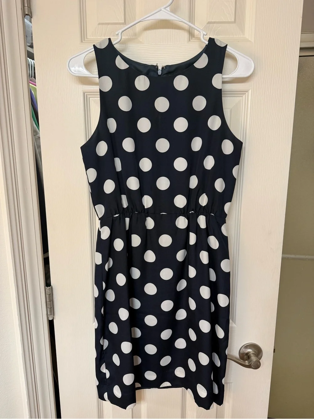 J. Crew Navy and White Polka Dot Sleeveless Dress